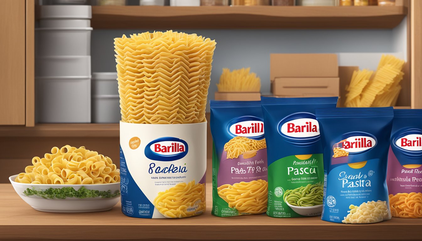 A package of Barilla ready pasta rotini sits on a pantry shelf, surrounded by other food items