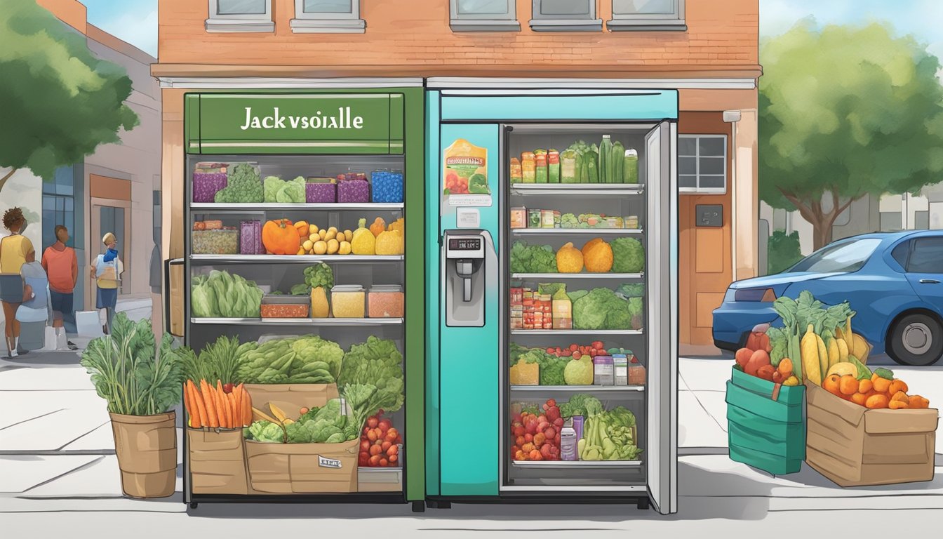 A colorful community fridge stands on a bustling Jacksonville street, filled with fresh produce and pantry staples, surrounded by eager locals