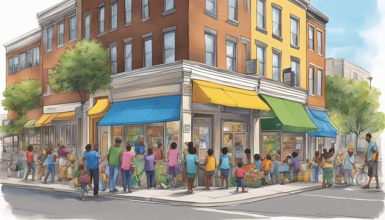 A bustling street corner in Hartford, CT, with a colorful community fridge surrounded by eager residents and children learning about food access and community involvement