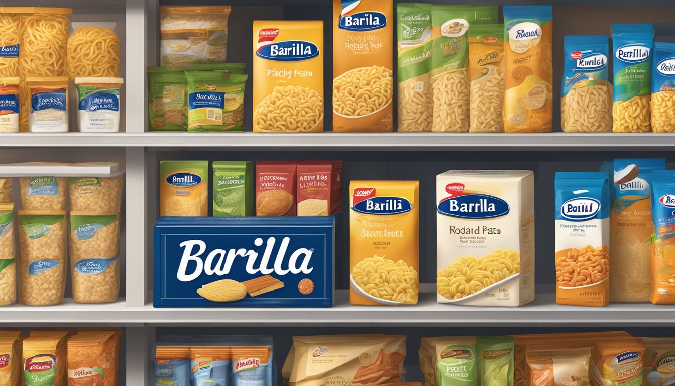 A sealed package of Barilla ready pasta rotini sits on a pantry shelf, surrounded by other dry goods. A calendar on the wall shows the current date