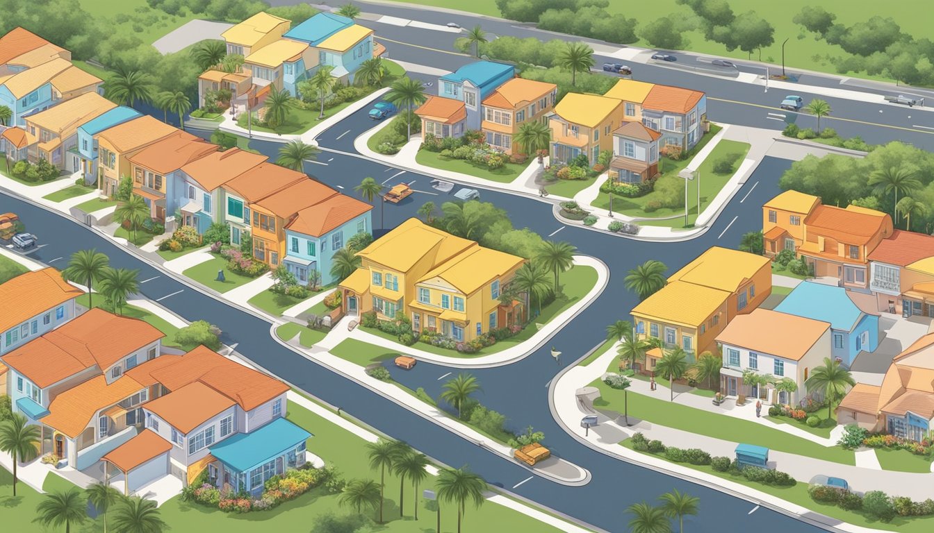 A bustling local community in Pembroke Pines, FL with a colorful array of houses and real estate properties surrounding a prominently displayed community fridge