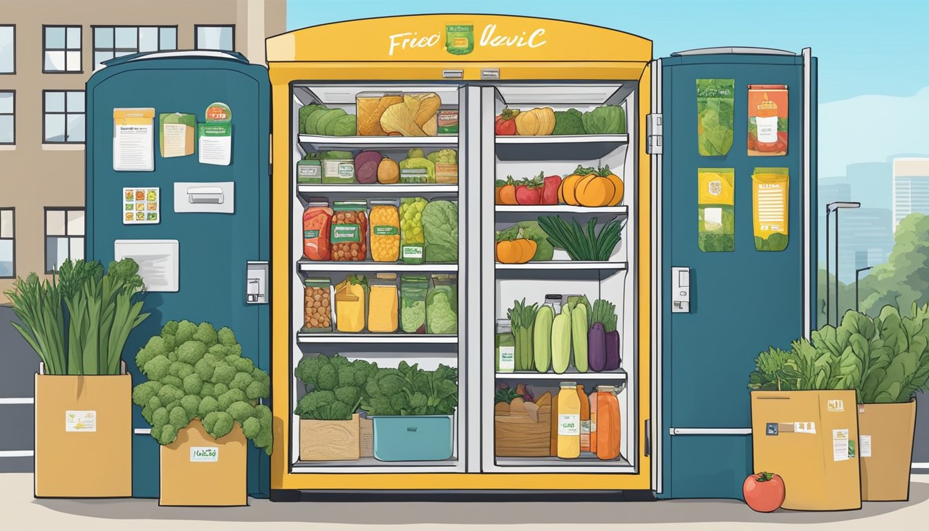 A community fridge in Jacksonville, FL filled with fresh produce and canned goods, surrounded by supportive resources and information for locals