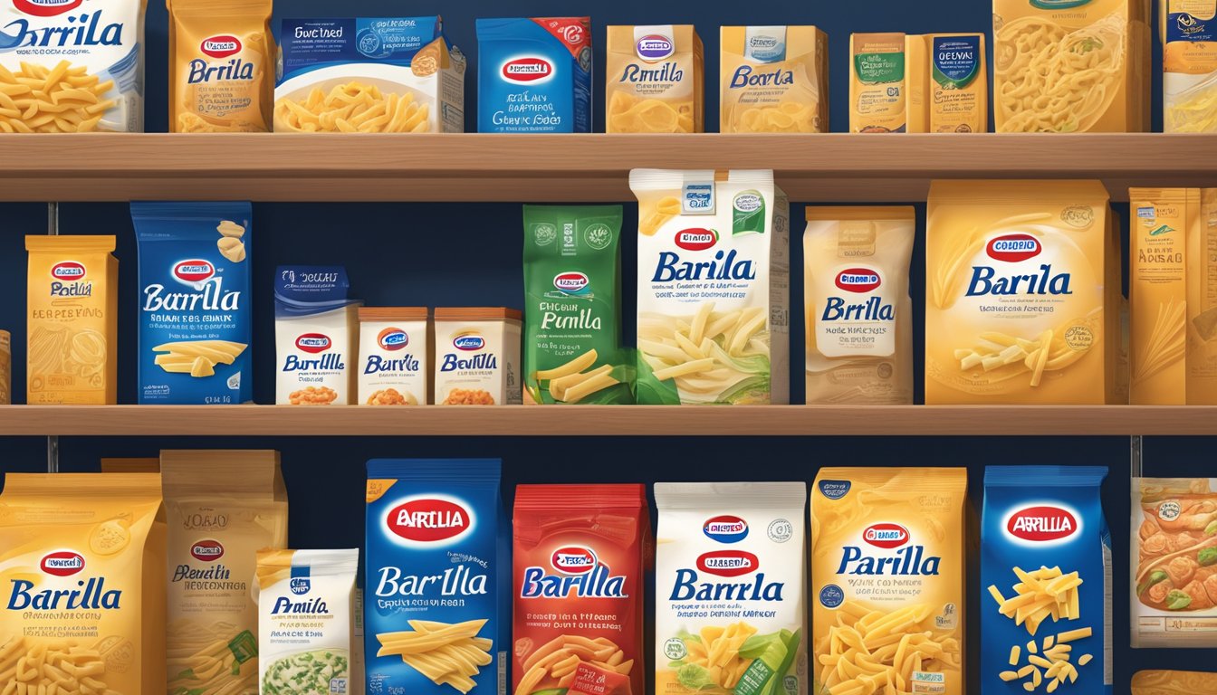 A box of Barilla Ready Pasta Penne sits on a pantry shelf, surrounded by other food items. The expiration date is clearly visible on the packaging