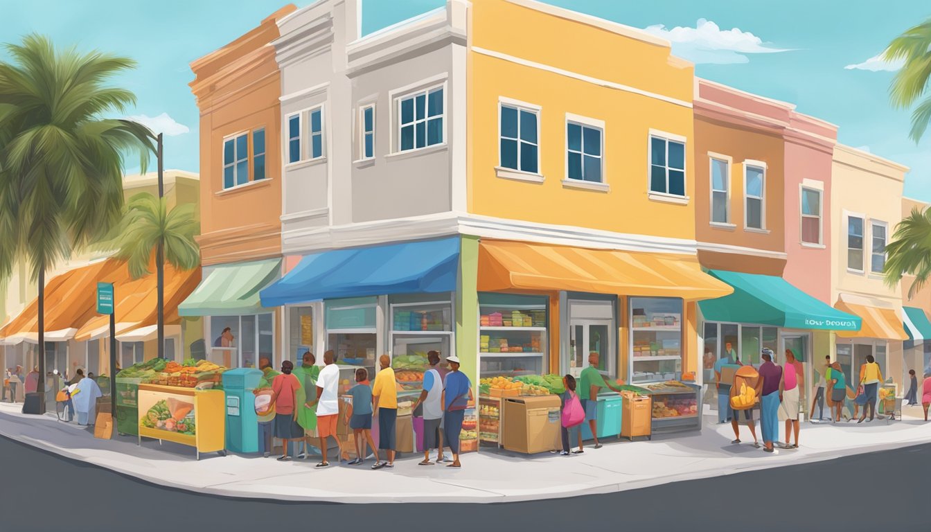 A bustling street corner in Pembroke Pines, Florida, with a colorful community fridge surrounded by locals exchanging food and goods