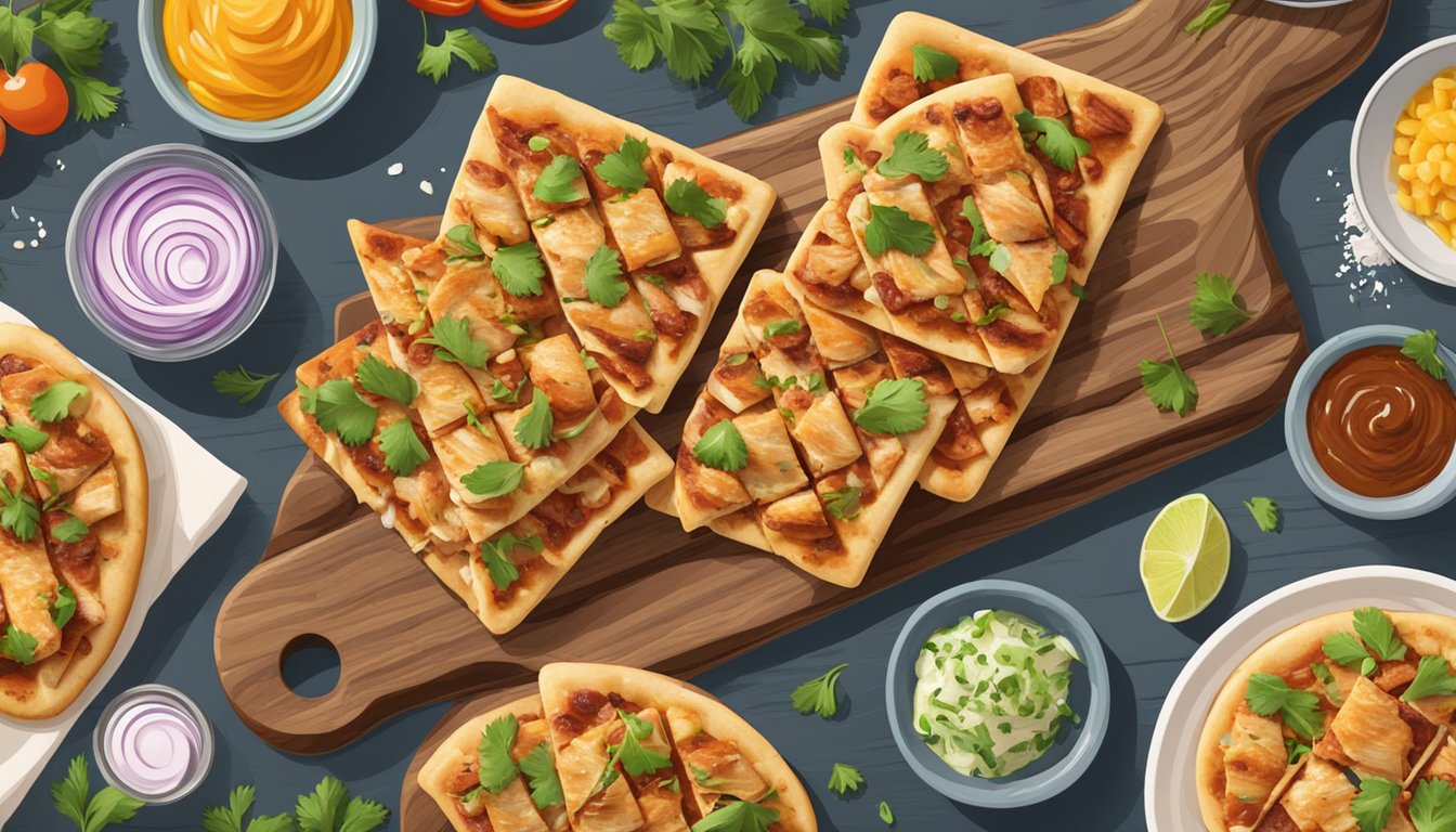 A platter of BBQ chicken flatbread bites, arranged with colorful ingredients, on a rustic wooden serving board