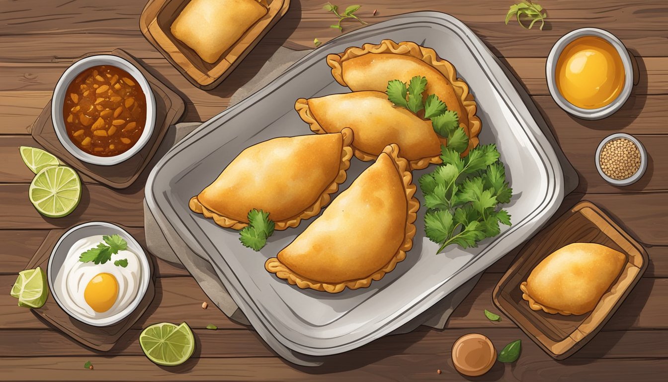 A plate of bbq chicken empanadas sits on a rustic wooden table, surrounded by colorful ingredients and spices. The golden-brown pastries are filled with savory chicken and exude a mouthwatering aroma