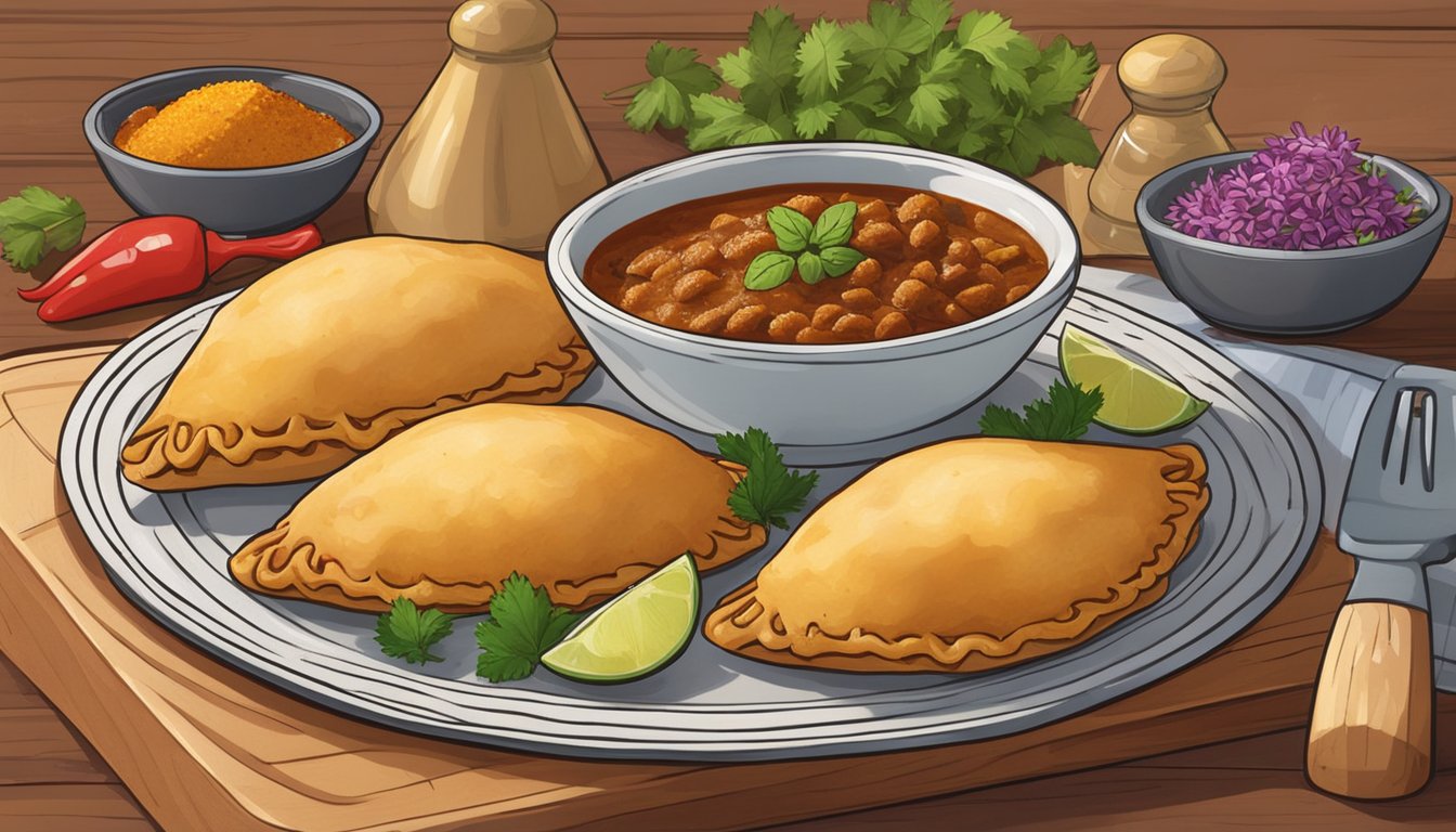 A plate of BBQ chicken empanadas sits on a wooden cutting board, surrounded by colorful spices and herbs. The empanadas are golden brown and flaky, with steam rising from the filling