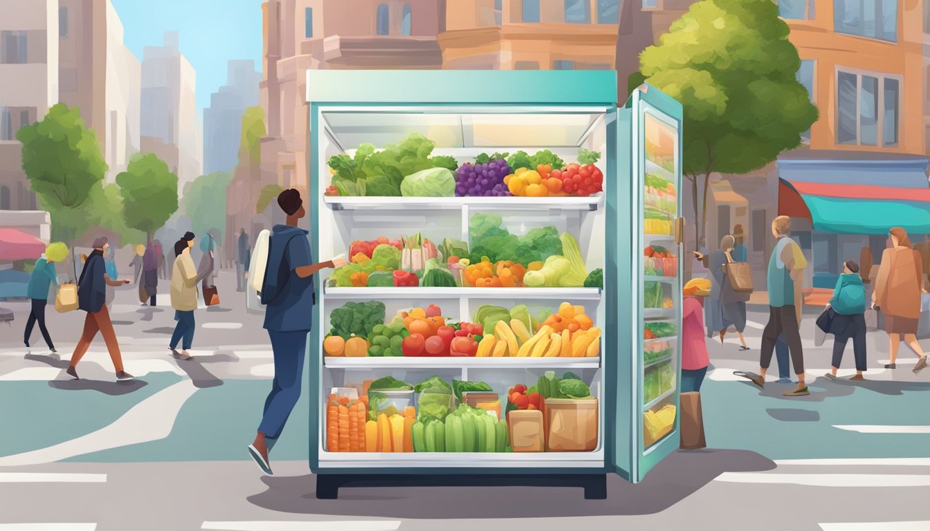 A colorful community fridge stands on a busy street, filled with fresh produce and packaged goods. People come and go, adding and taking items