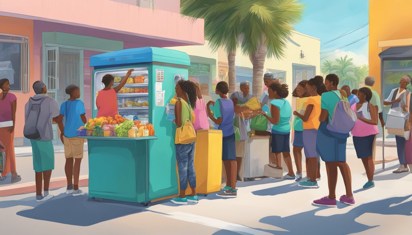 A bustling street corner in Miami Gardens, Florida, with a brightly painted community fridge surrounded by a diverse group of people donating and taking food