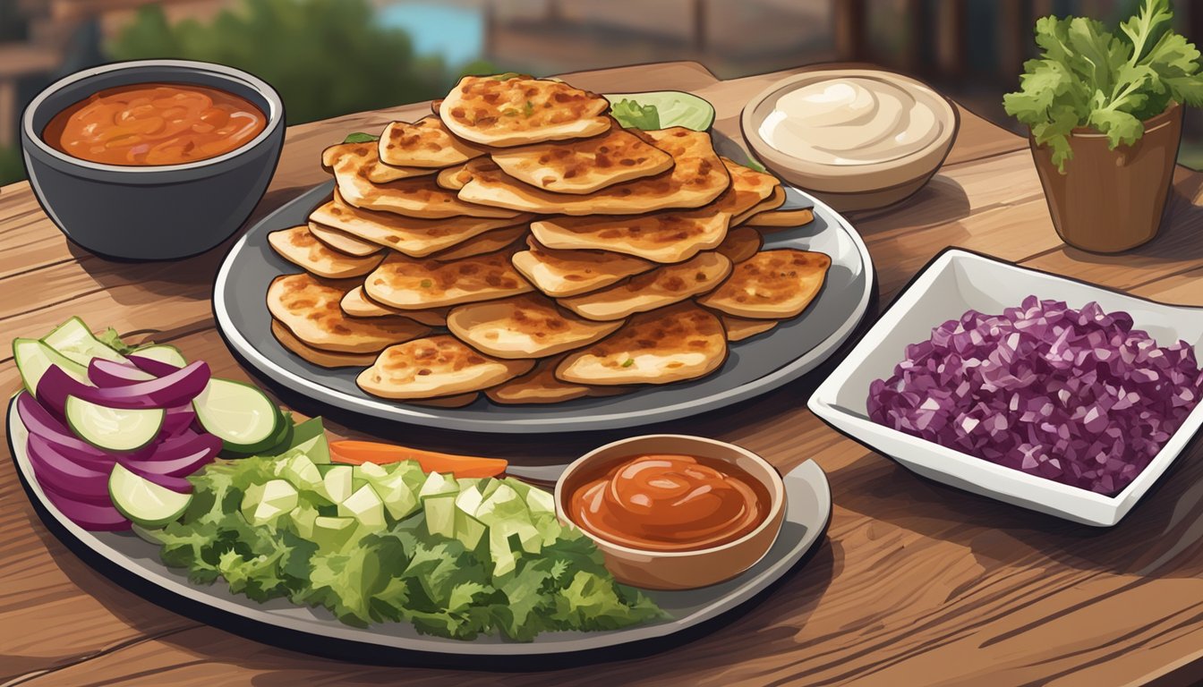 A plate of BBQ chicken flatbread bites sits on a wooden table, surrounded by fresh vegetables and a side of dipping sauce