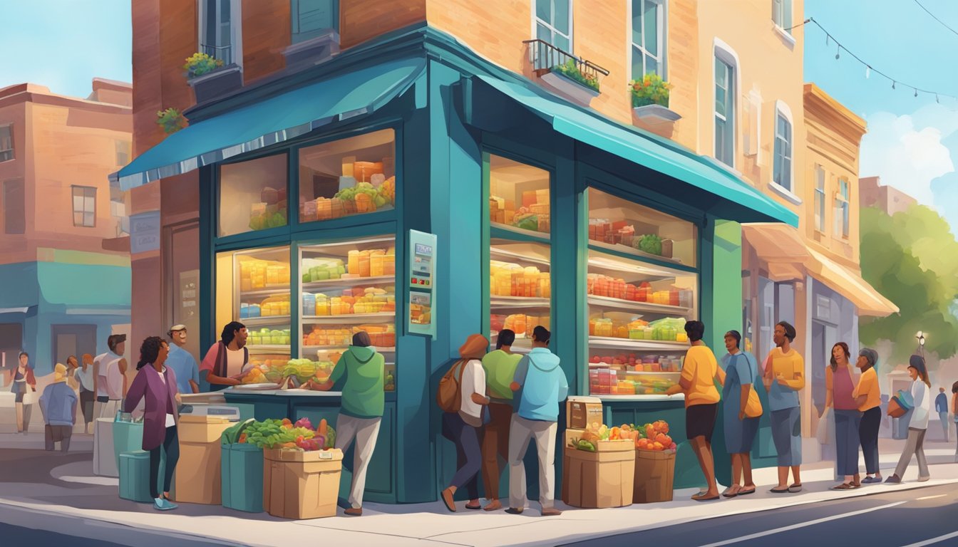 A bustling street corner with a colorful, well-stocked community fridge surrounded by people exchanging food and goods