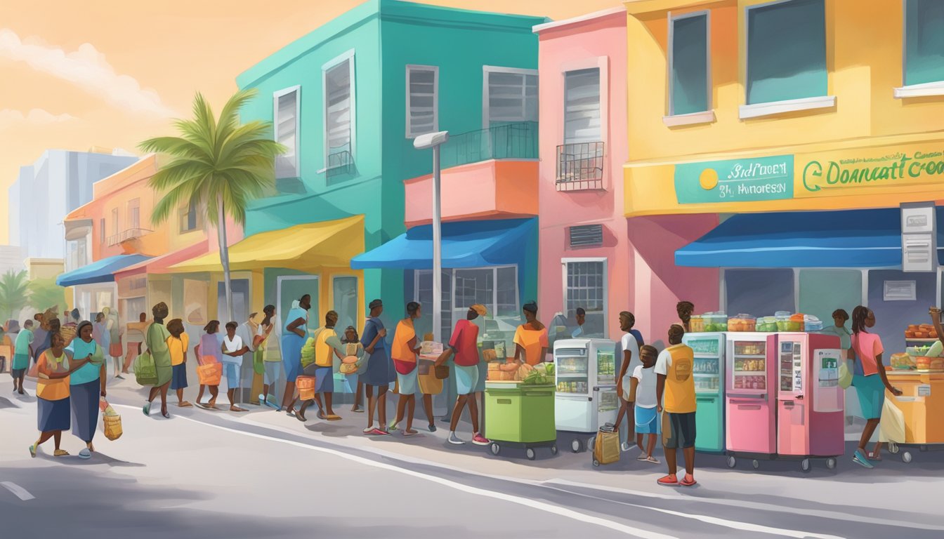 A bustling street corner in Miami Gardens, with colorful community fridges filled with food and people stopping to donate or take what they need