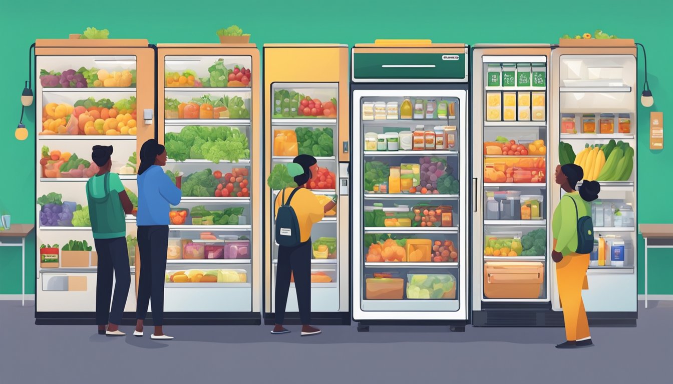 A colorful community fridge filled with fresh produce and packaged goods, surrounded by a diverse group of people donating and taking items