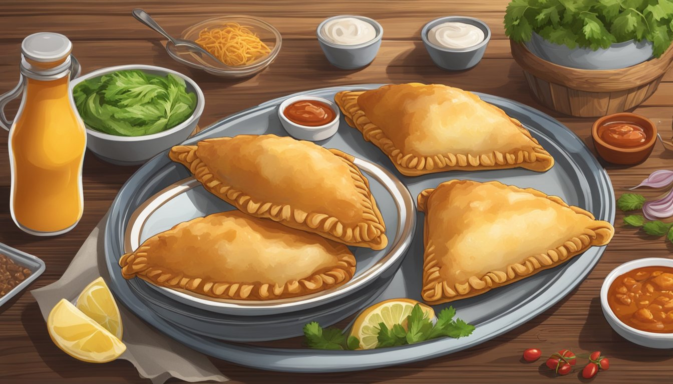 A plate of BBQ chicken empanadas sits on a wooden table, surrounded by condiments and garnishes. Steam rises from the freshly baked pastries