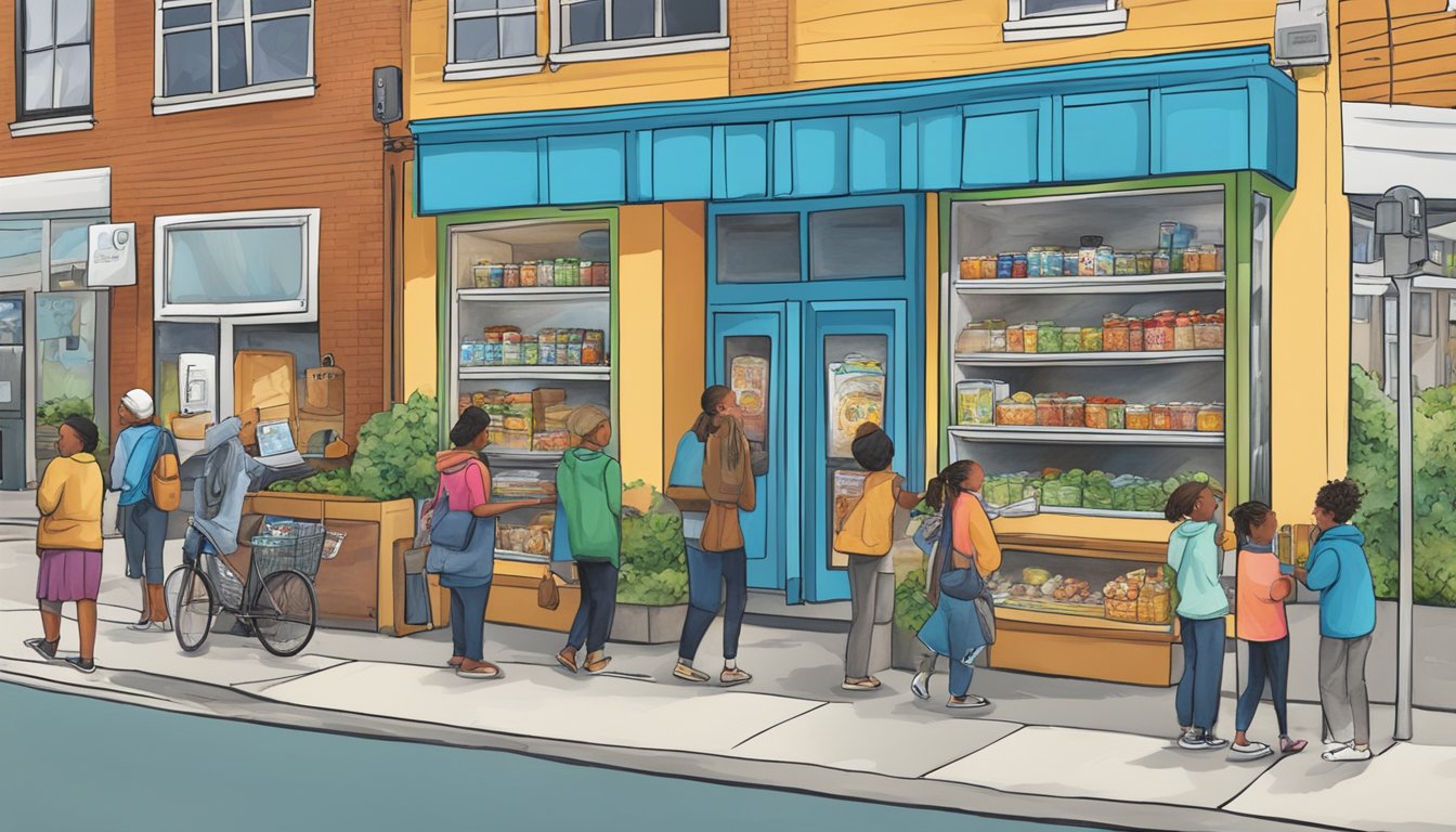 A bustling street corner in Waterbury, CT. A colorful and inviting community fridge stands, surrounded by diverse locals donating and taking food