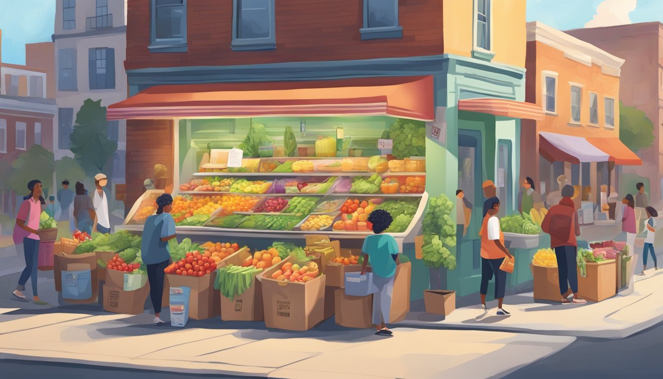 A bustling street corner with a colorful, decorated fridge filled with fresh produce and packaged goods. People from the community stop by to drop off donations or take what they need