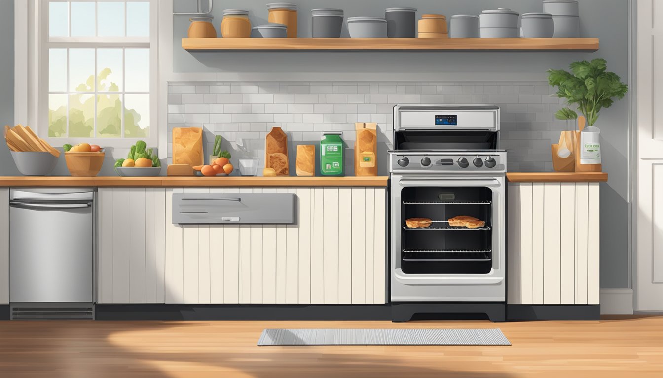 A kitchen counter with a sealed container of BBQ chicken flatbread bites next to a refrigerator