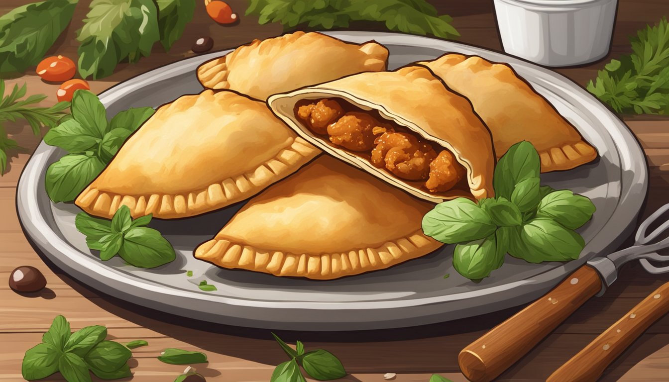 A plate of BBQ chicken empanadas sits on a wooden table, surrounded by fresh herbs and spices. The empanadas appear golden and crispy, with steam rising from the filling