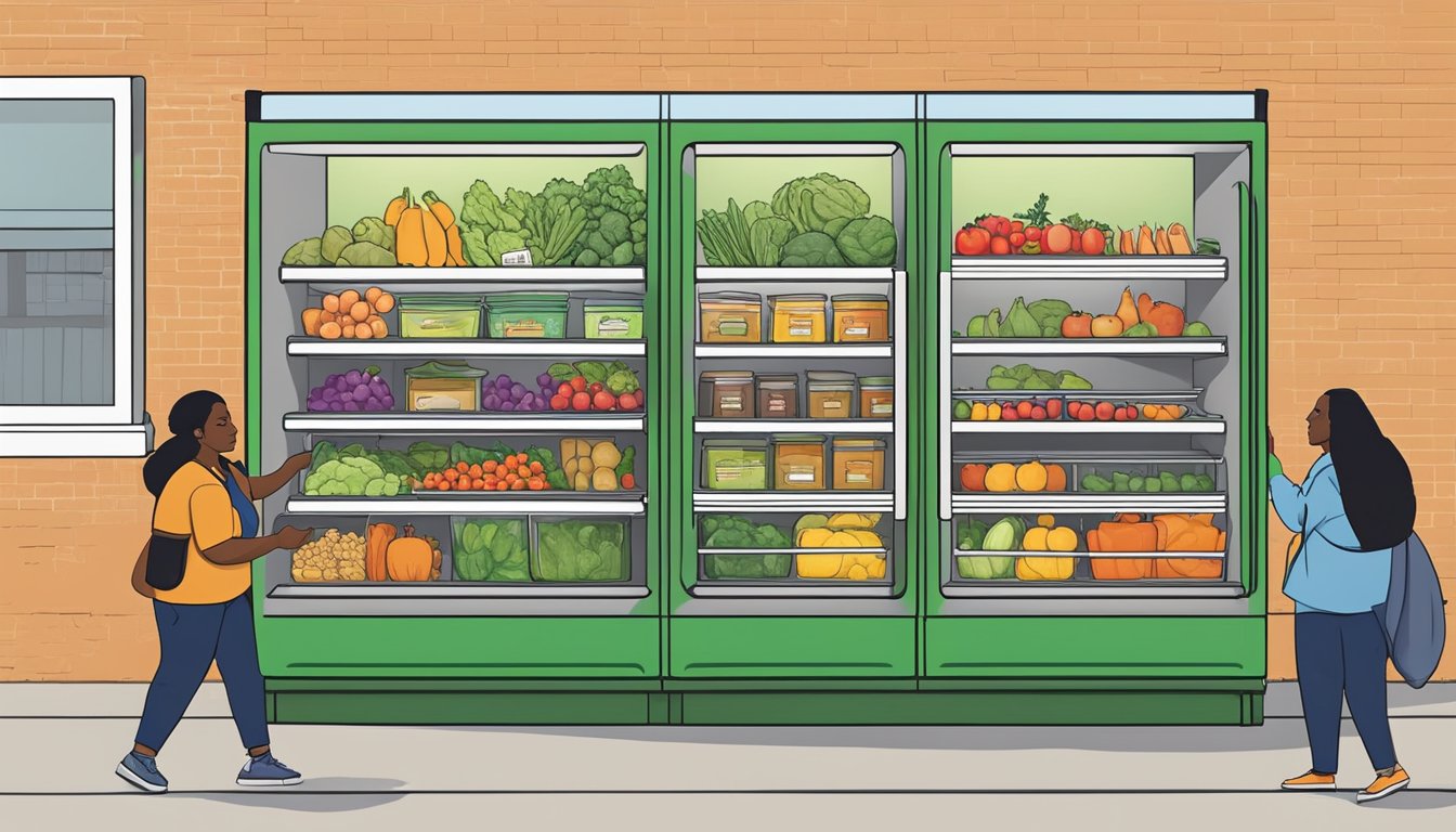 A diverse group of people donates fresh produce and pantry items to a vibrant community fridge in Waterbury, CT. The fridge is filled with an assortment of food, and there is a sense of unity and generosity among the contributors