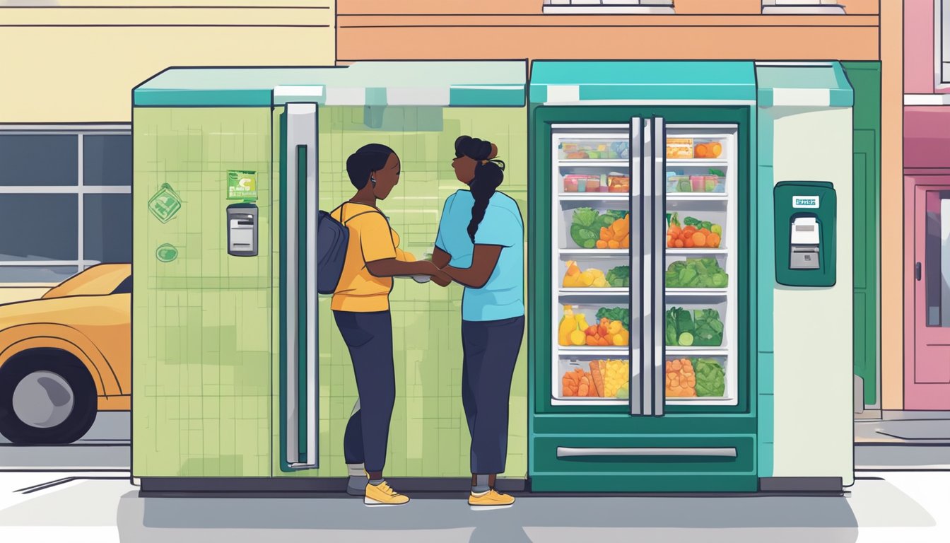 A person placing groceries into a community fridge, while another person takes items out. The fridge is located in a Miami Gardens neighborhood