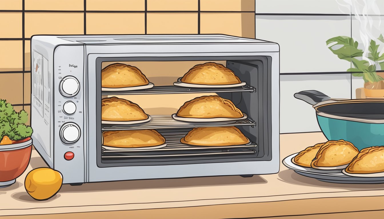 A plate of bbq chicken empanadas being reheated in the microwave