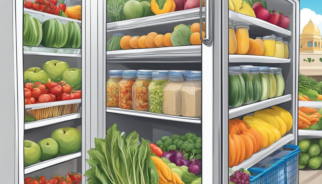 A colorful community fridge in St. Petersburg, FL, filled with fresh produce, dairy, and other nutritious foods, with clear safety and health guidelines posted nearby