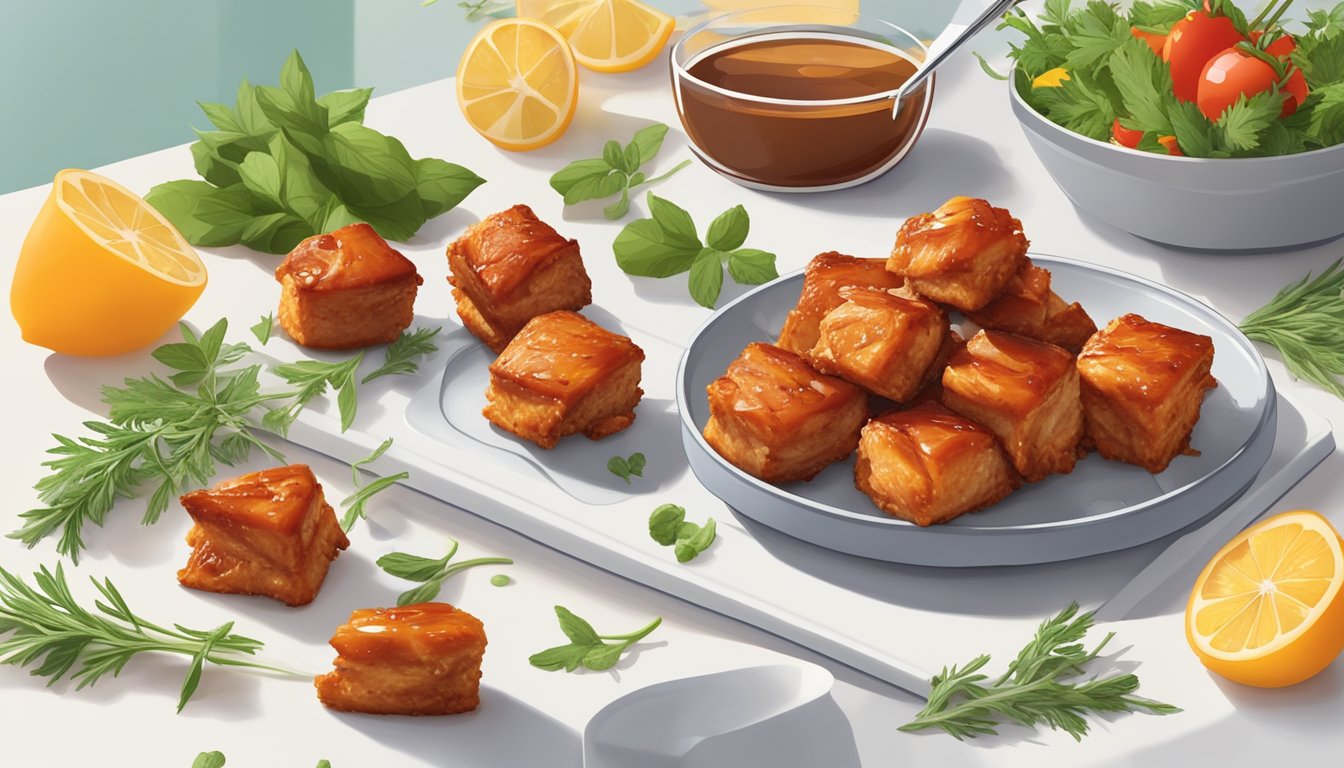 A plate of BBQ chicken bites sits on a clean, white surface, surrounded by fresh herbs and colorful garnishes. A thermometer nearby indicates the proper temperature for food safety