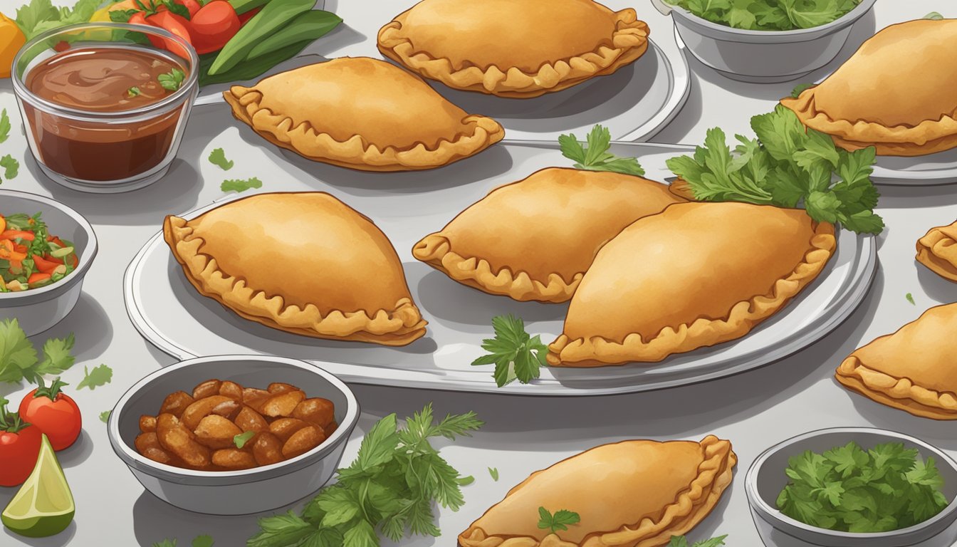 A plate of BBQ chicken empanadas sits on a countertop, covered with a clear lid. The empanadas are surrounded by fresh herbs and colorful vegetables