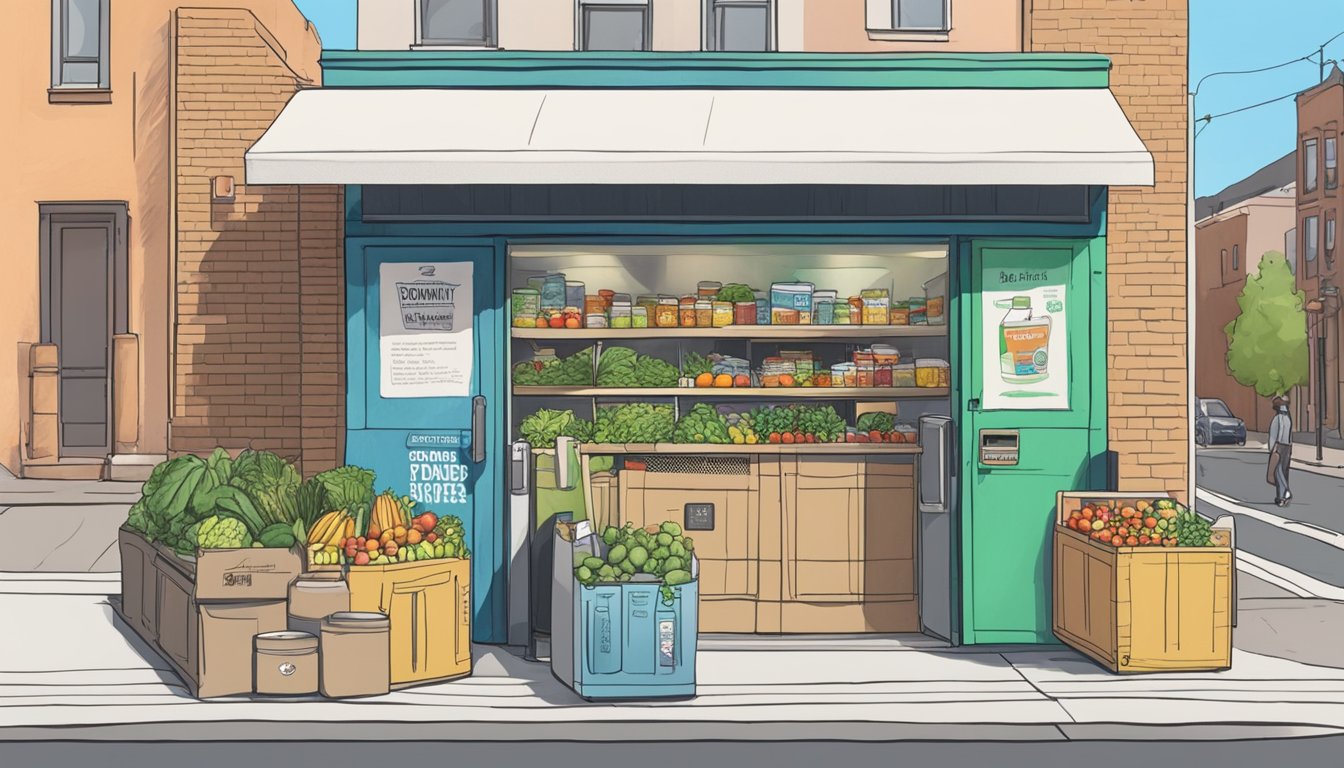 The Community Fridge stands on a busy street corner, filled with fresh produce, canned goods, and beverages. People stop by to drop off donations or pick up items they need