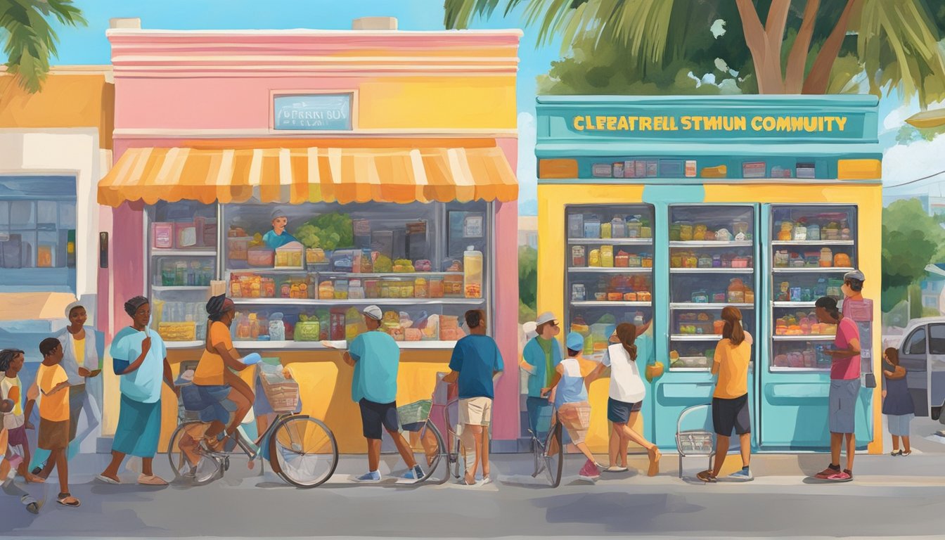 A colorful local community fridge in St. Petersburg, FL with people donating and taking food, surrounded by vibrant murals and a bustling street