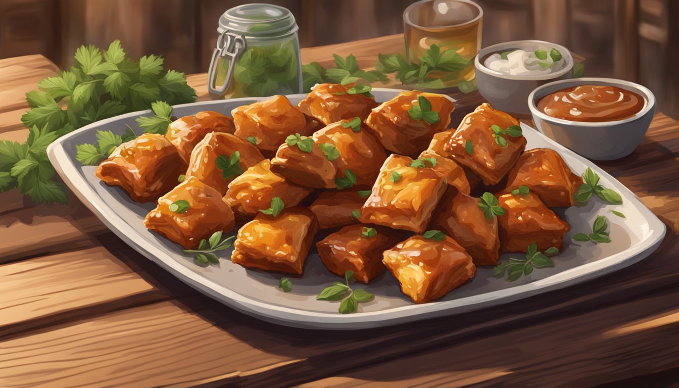 A platter of BBQ chicken bites, garnished with fresh herbs, sits on a rustic wooden table. A light glaze glistens on the golden brown pieces