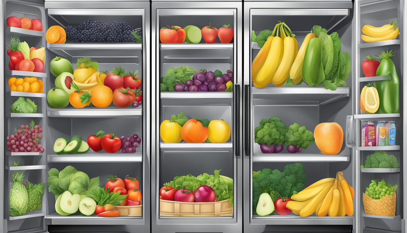 A colorful community fridge in Miami Gardens, FL filled with fresh fruits, vegetables, and other nutritious foods