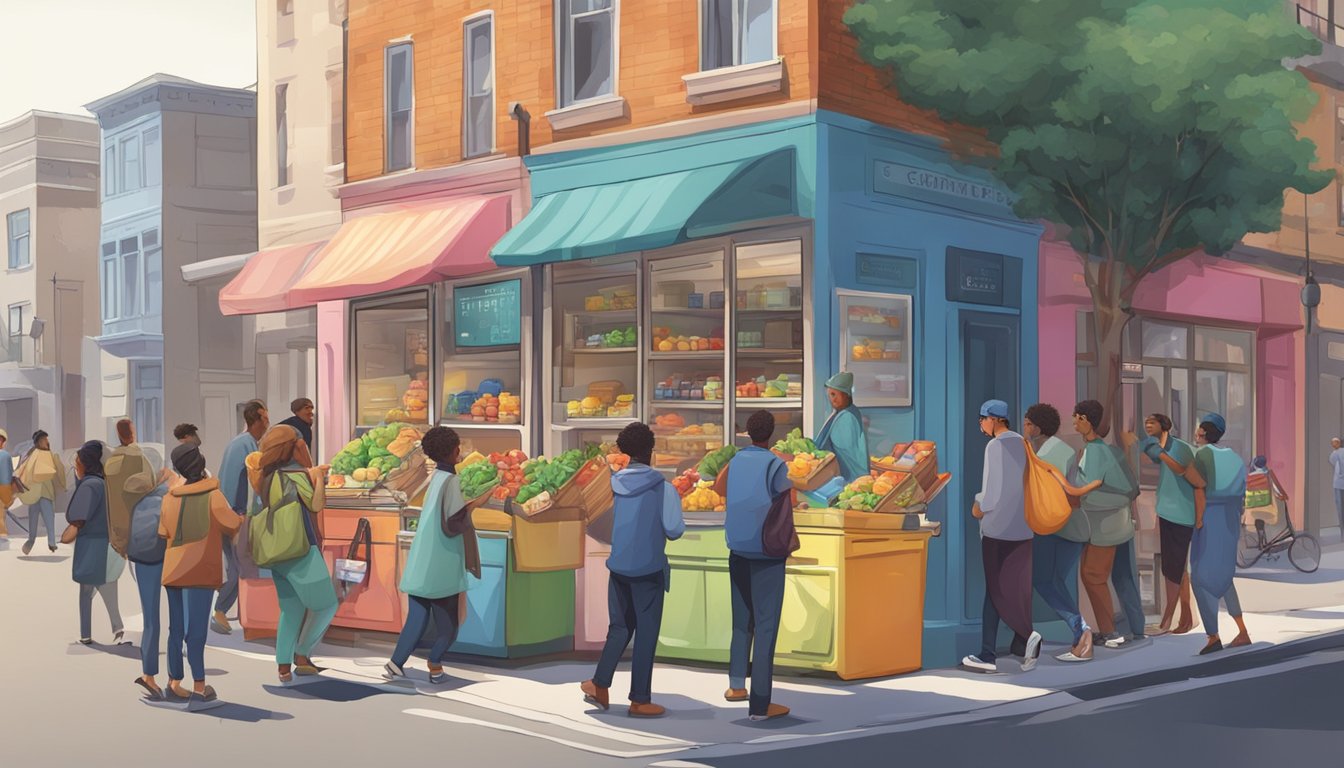 A bustling street corner with a colorful community fridge surrounded by people dropping off and picking up food items