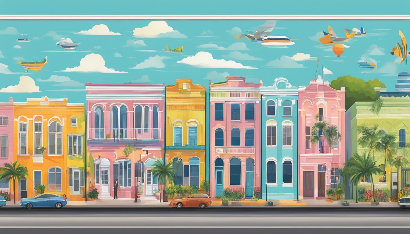 A colorful mural of St. Petersburg, FL landmarks adorns the side of a local community fridge, surrounded by vibrant flowers and bustling street activity