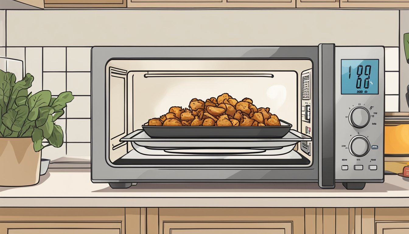 A plate of BBQ chicken bites sits in a microwave. The timer reads "2:00" as the food rotates on the turntable