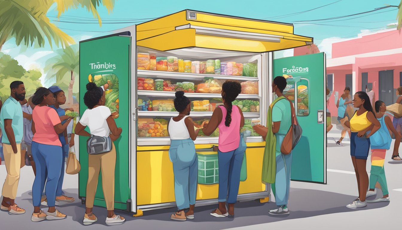 A brightly colored community fridge surrounded by diverse individuals exchanging food and goods in a Miami Gardens neighborhood