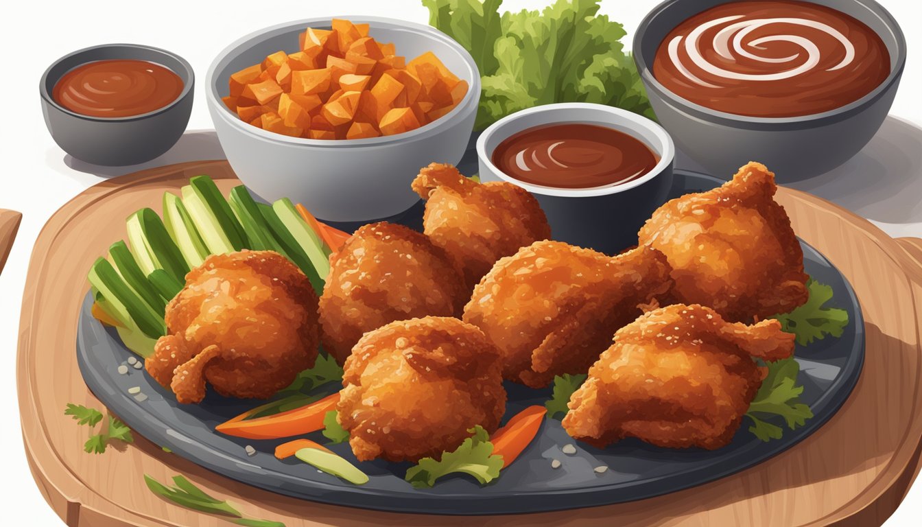 A plate of BBQ chicken bites sits on a wooden cutting board, surrounded by colorful vegetables and a small bowl of dipping sauce