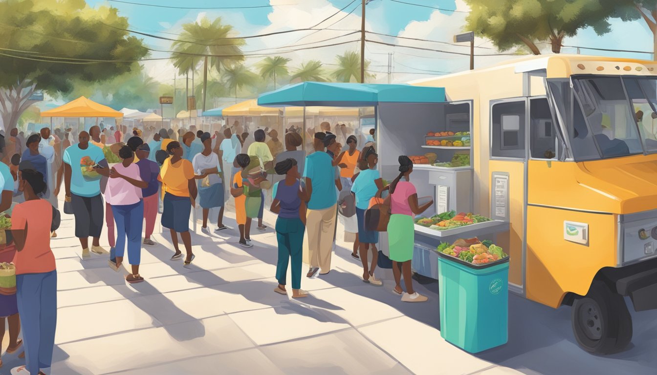 A bustling Miami Gardens street with a community fridge surrounded by people donating and receiving food and financial support