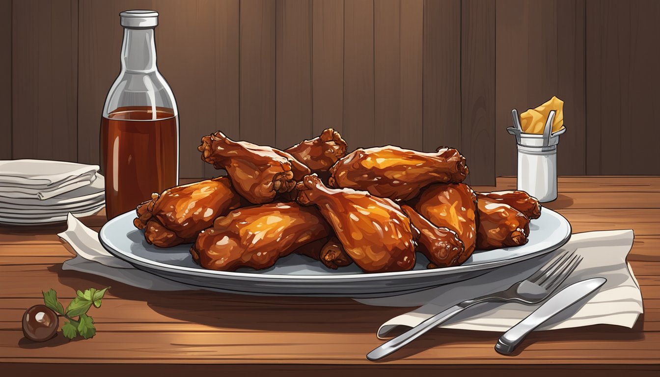 A plate of BBQ chicken wings sits on a wooden table, surrounded by a bottle of barbecue sauce and a pile of napkins