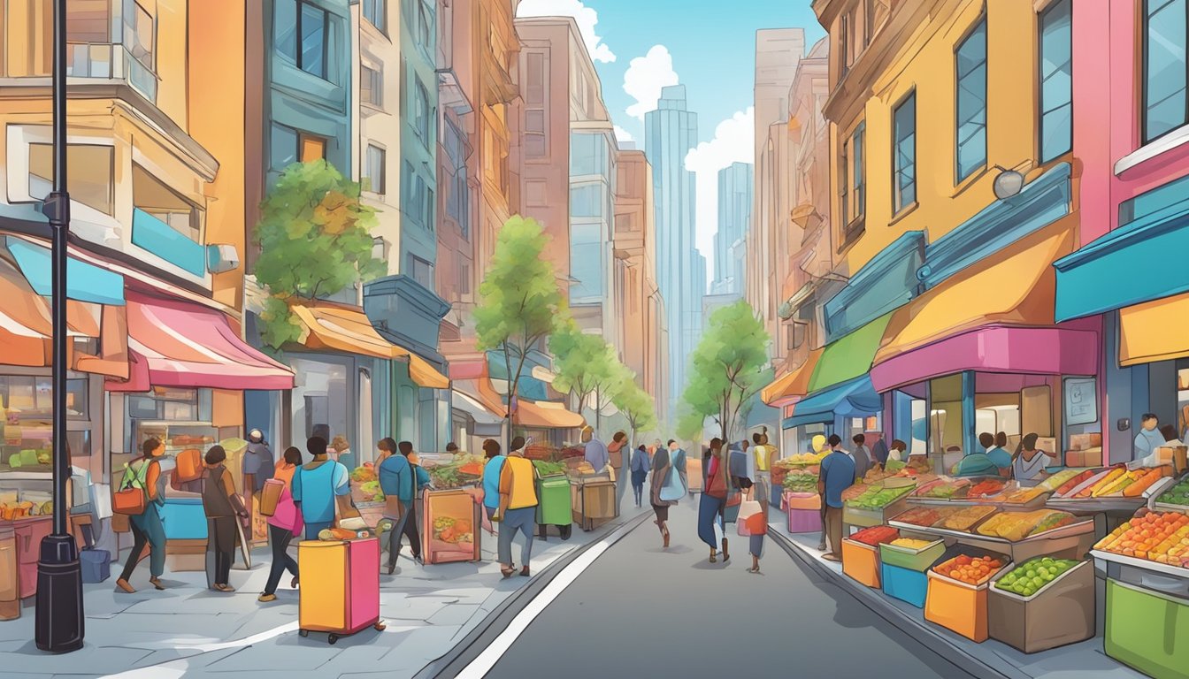 A bustling city street with a colorful, decorated refrigerator filled with various food items. People of diverse backgrounds approach and add or take items