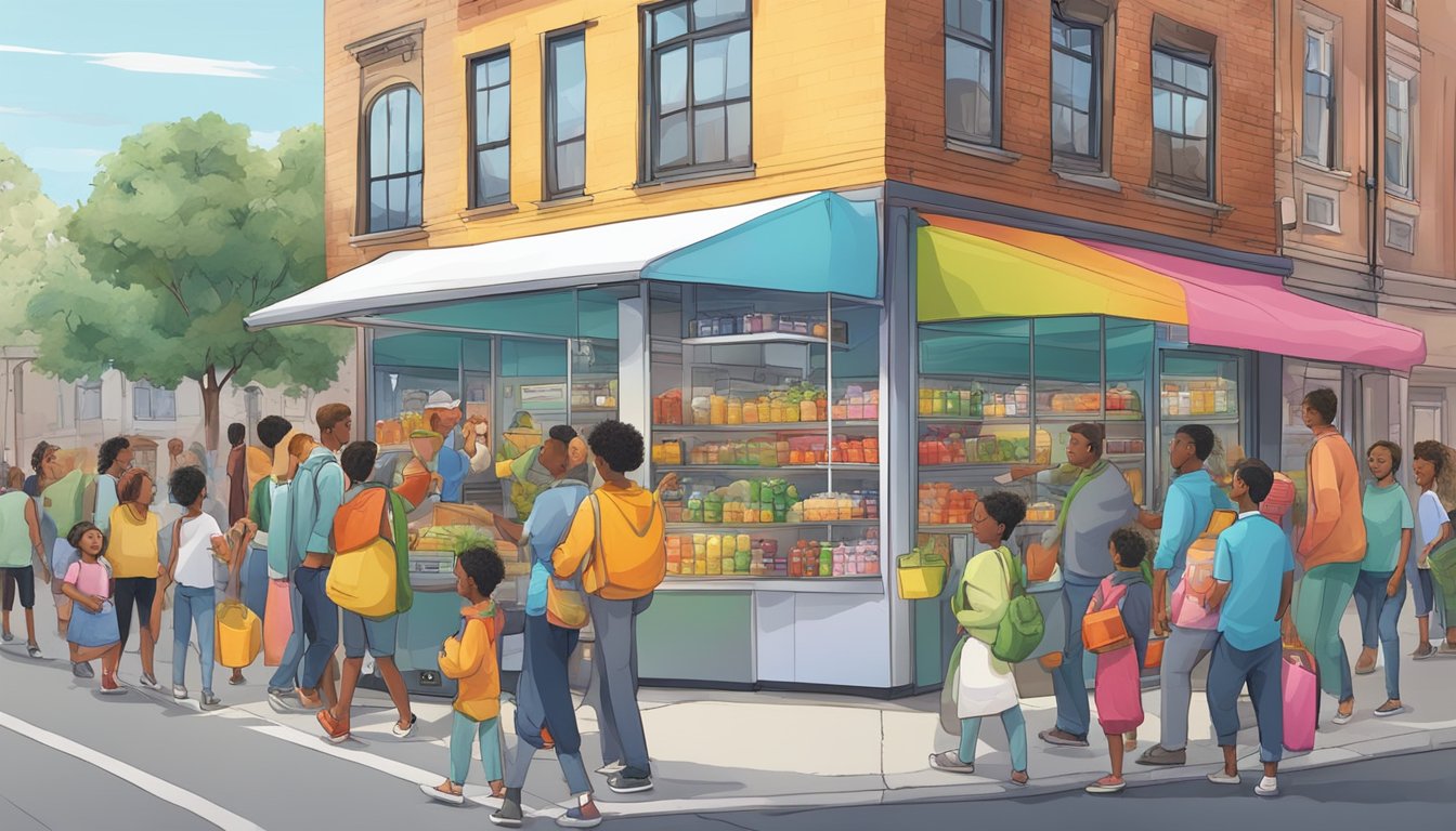 A bustling street corner with a brightly colored community fridge surrounded by people coming and going, adding and taking food items