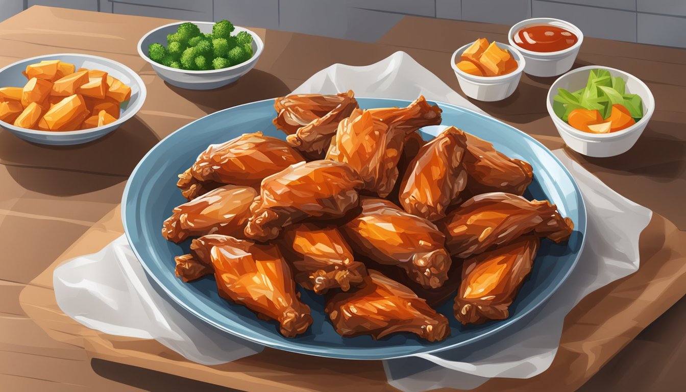 A plate of BBQ chicken wings sits on a counter, covered with plastic wrap. The wings are neatly arranged and ready to be stored in the refrigerator