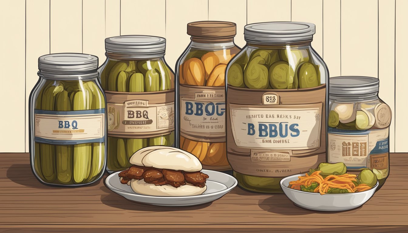 A plate of BBQ pork buns sits on a wooden shelf, surrounded by jars of pickles and sauces. The buns are wrapped in paper and have a label indicating the date of preparation