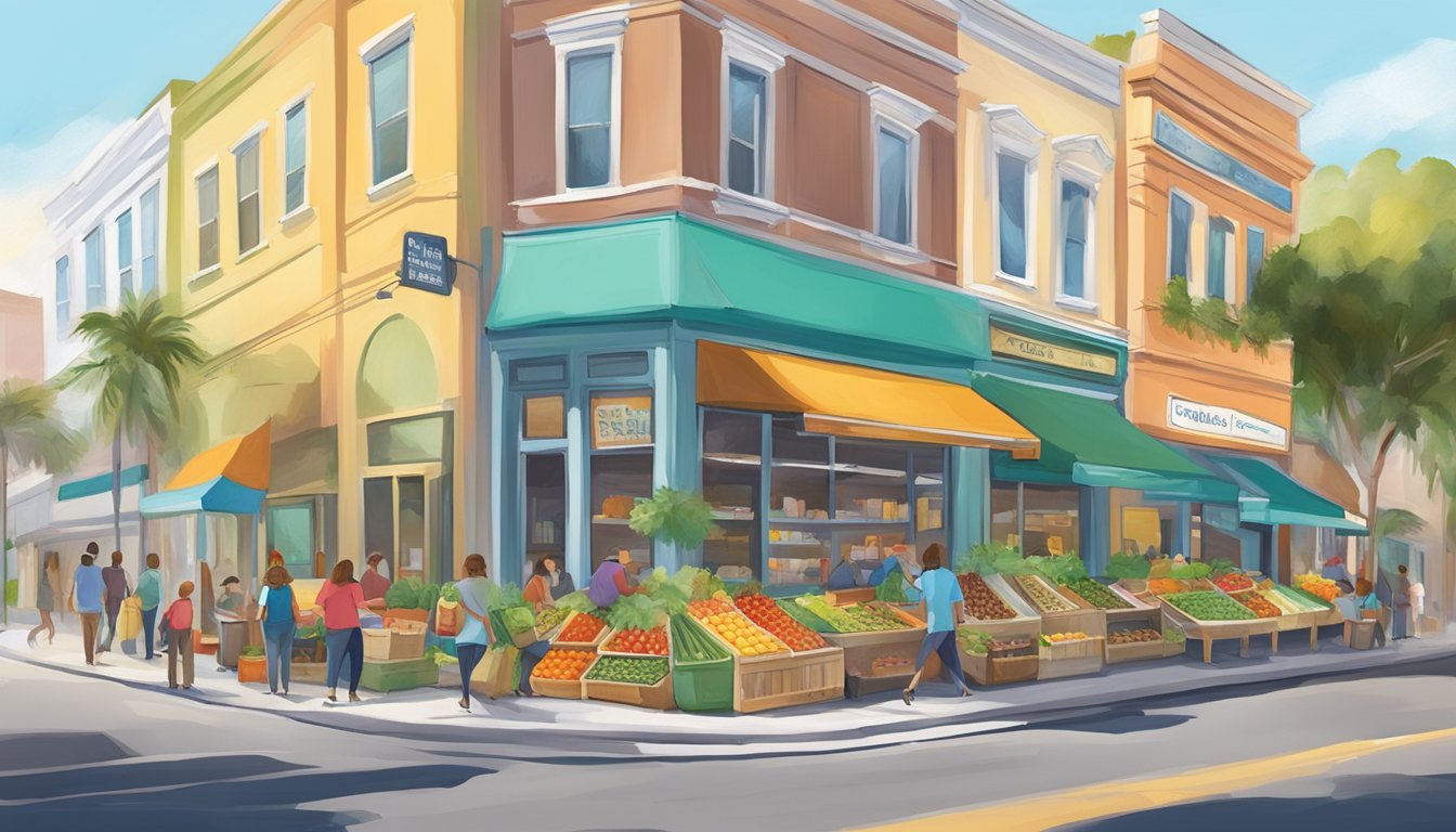 A bustling street corner in Clearwater, FL, with a colorful community fridge filled with fresh produce and pantry staples, surrounded by eager locals