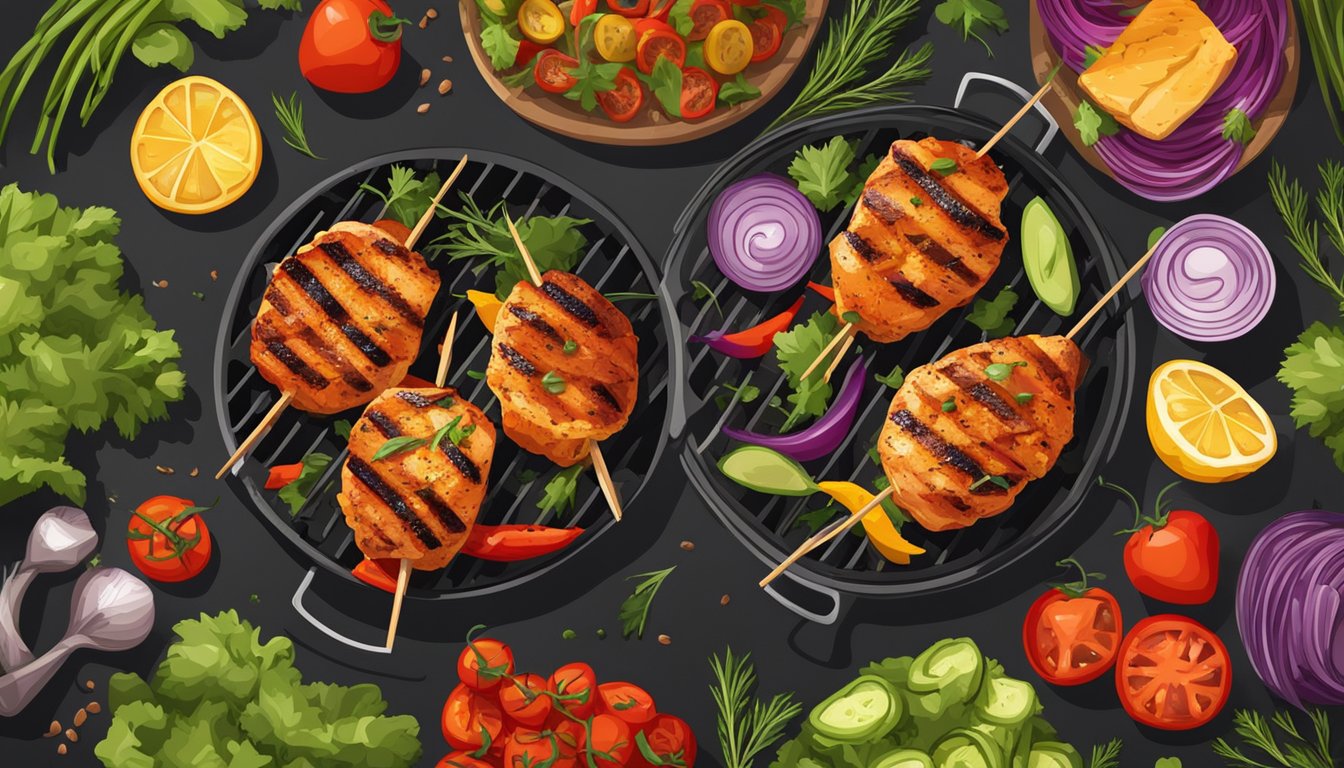 A sizzling grill with perfectly charred chicken skewers surrounded by colorful vegetables and aromatic herbs