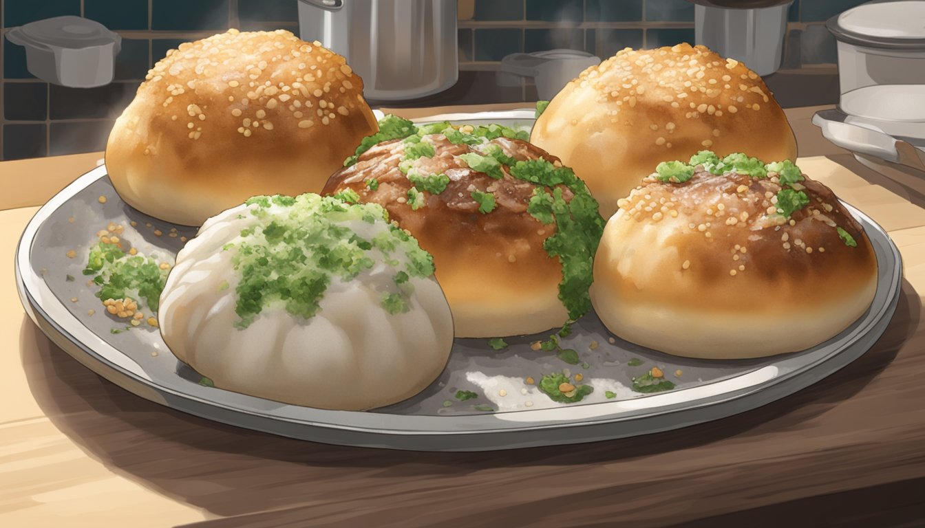 A plate of BBQ pork buns sits on a kitchen counter, covered in mold and emitting a foul odor