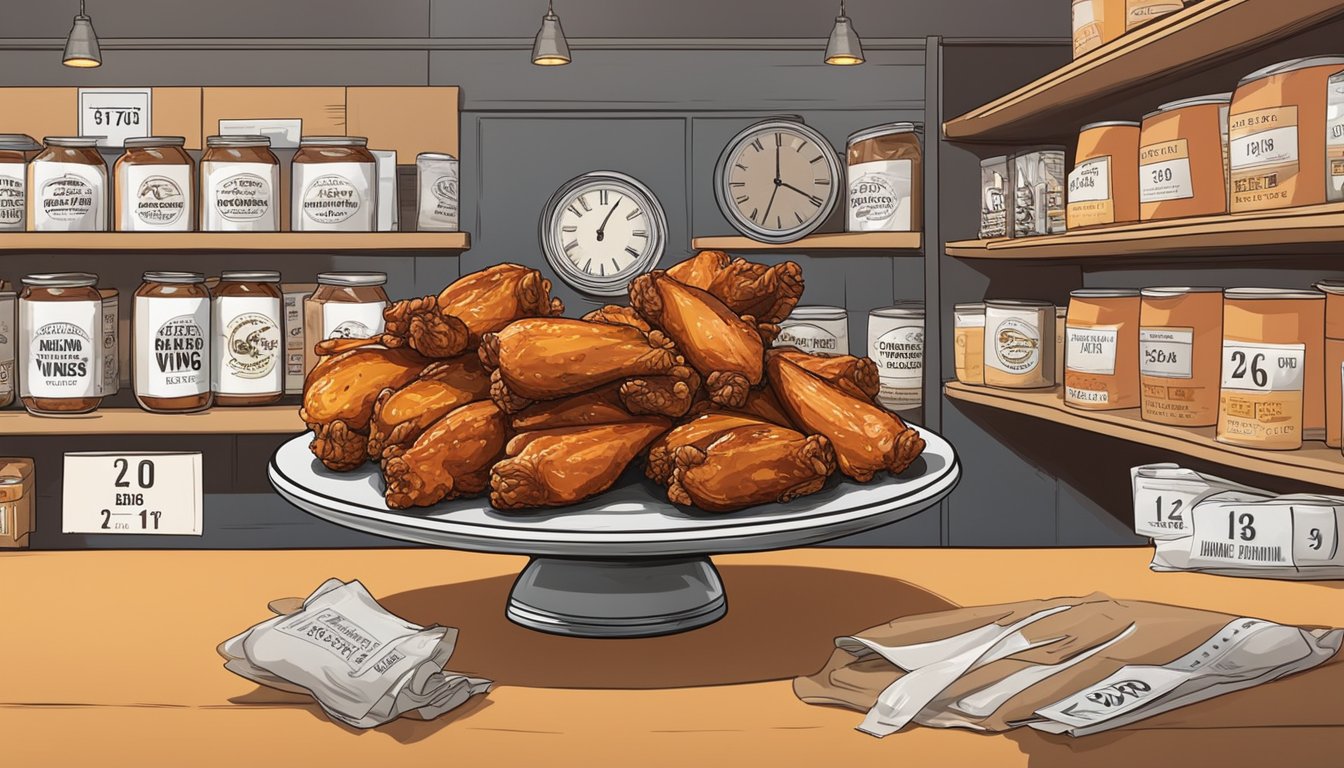 A plate of BBQ chicken wings sits on a shelf, surrounded by various expiration date labels and a clock ticking in the background