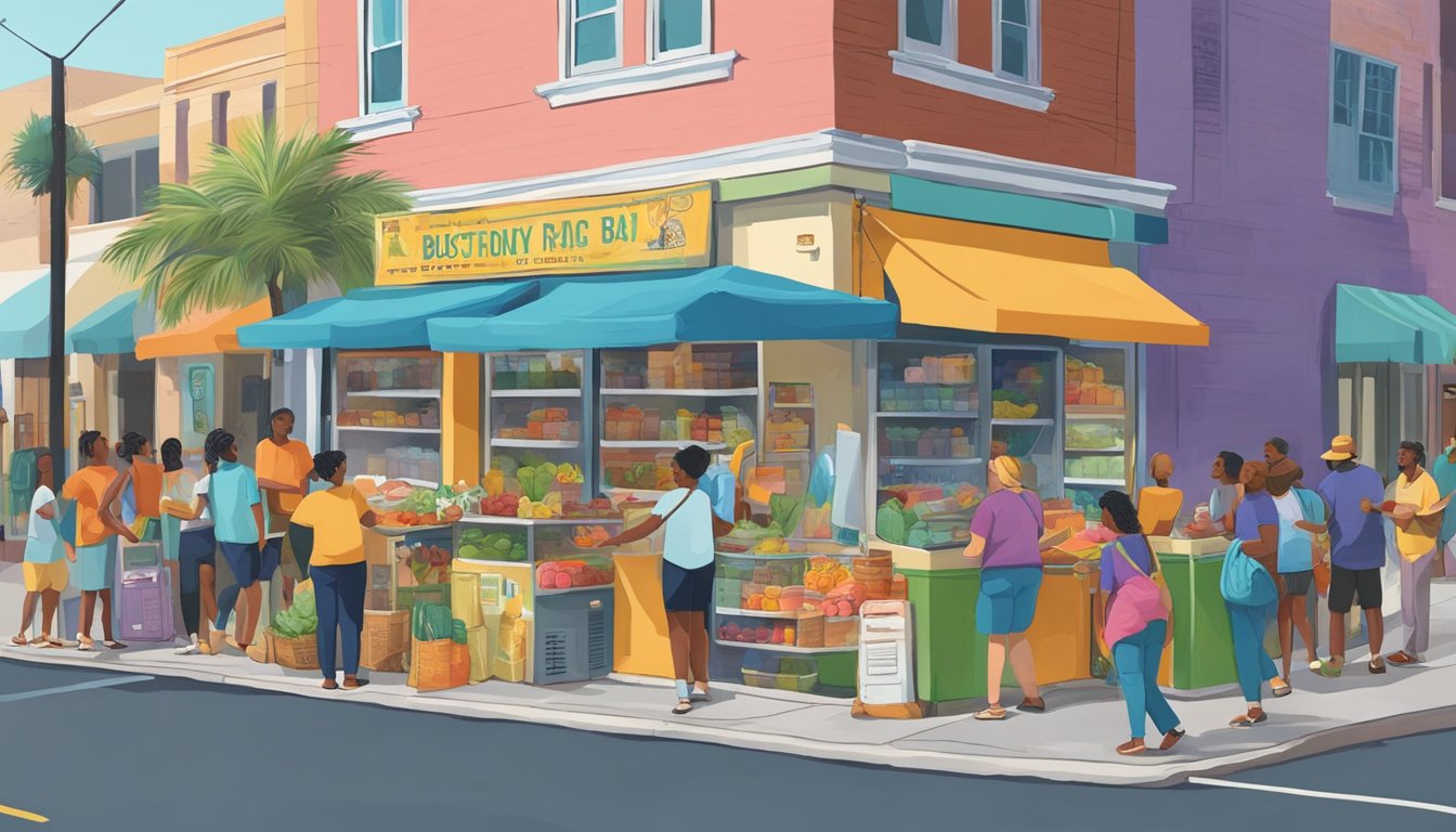 A bustling street corner in Tampa Bay, with a colorful community fridge adorned with local artwork and surrounded by people exchanging food items