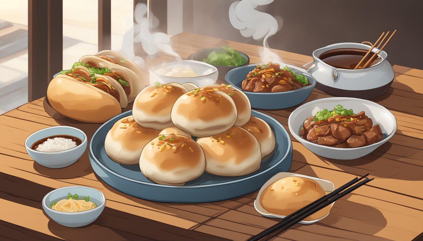 A plate of BBQ pork buns sits on a wooden table, steam rising from the freshly cooked buns. A pair of chopsticks rests next to the plate