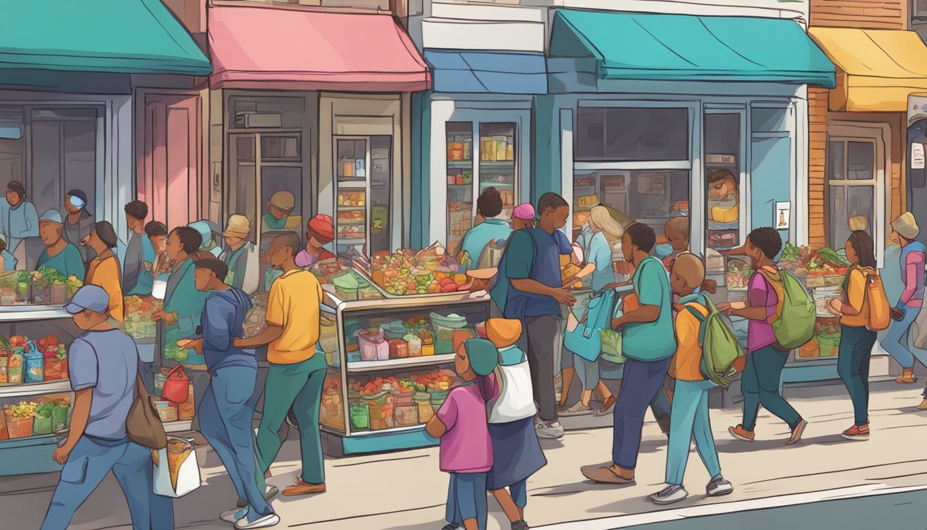 A bustling street corner with a colorful, decorated fridge surrounded by people dropping off and picking up food donations